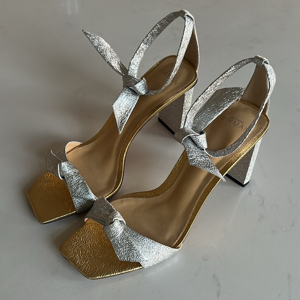 Alexandre Birman Block Heel Metallic Gold and Silver Tie Sandal
